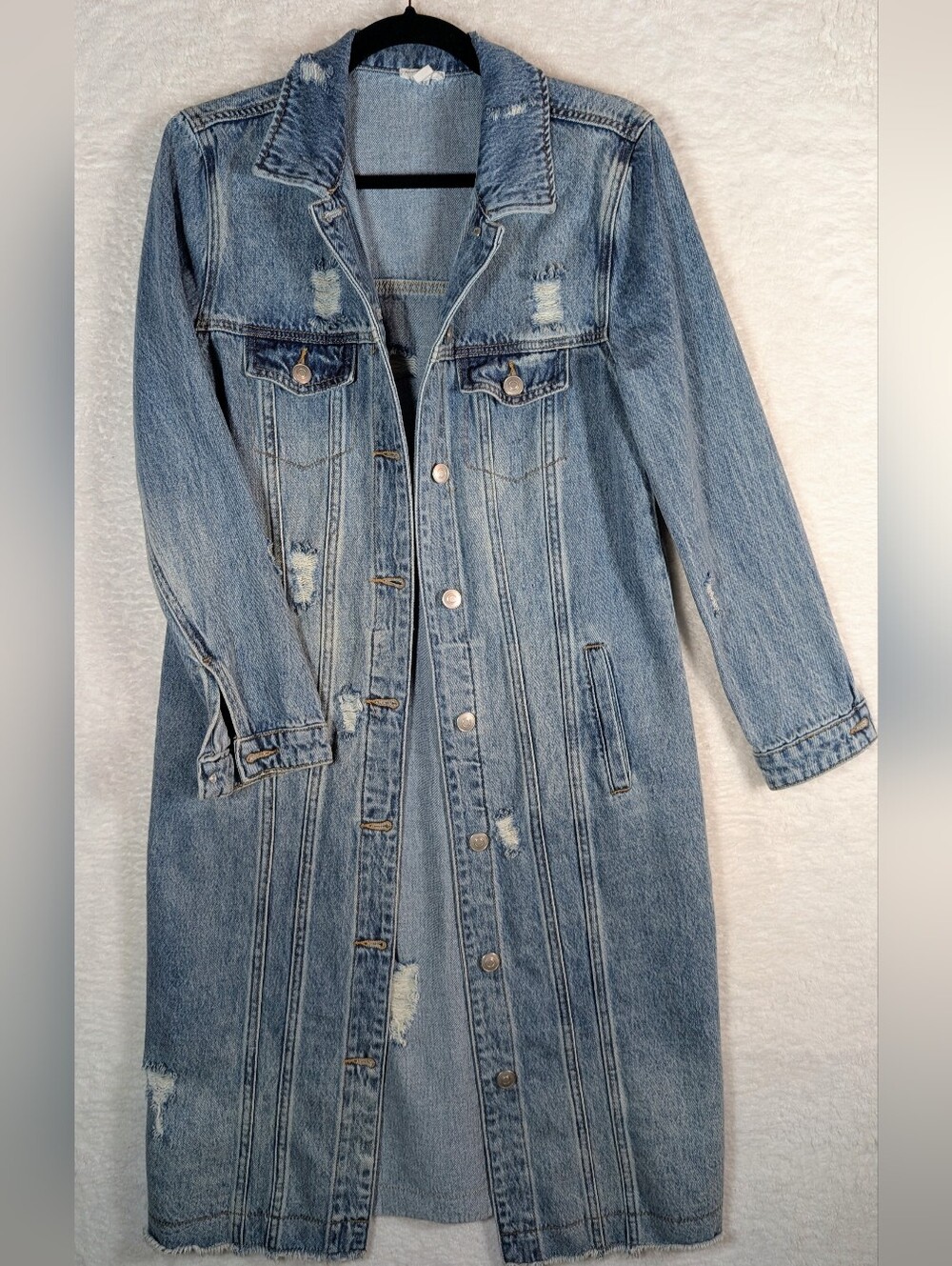 Tribal Jeans Long Distressed Light Blue Denim Trench Coat